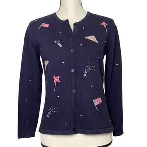 Talbots Navy Blue Cardigan Sweater Fourth of July Patriotic Size Petite (XS)